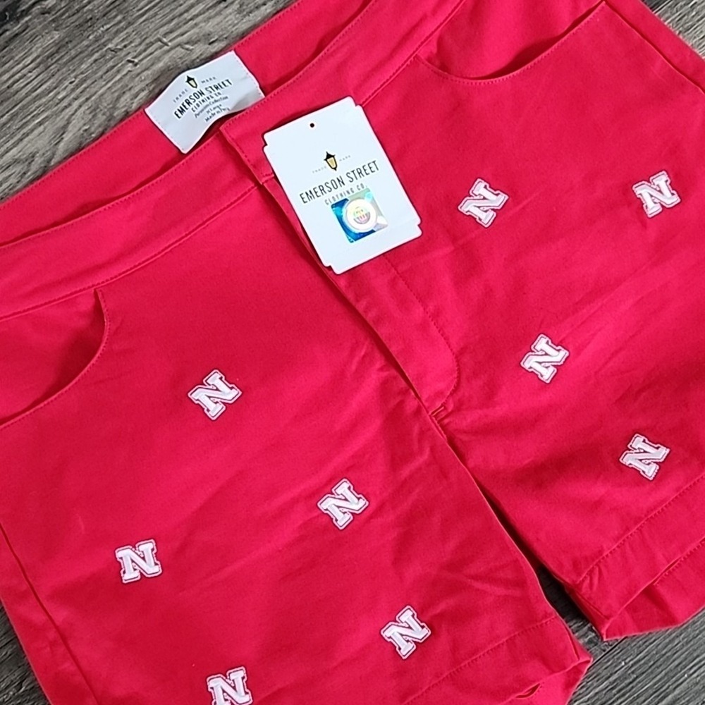 Emerson Street Shorts Womens XL Red Embroidered Nebraska Logo Peru Made NWT